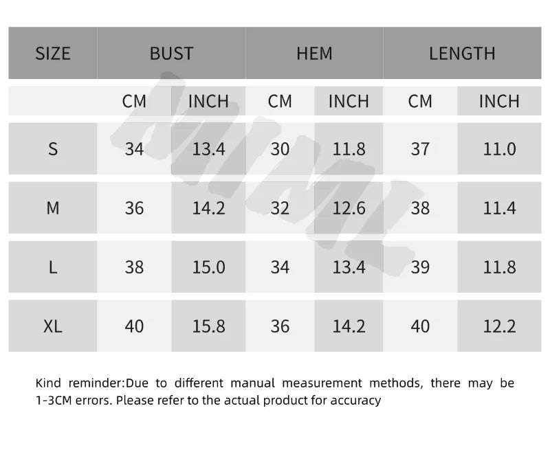 Size chart for KiKis seamless crossback sports bra for women showing bust, hem, and length measurements in cm and inches