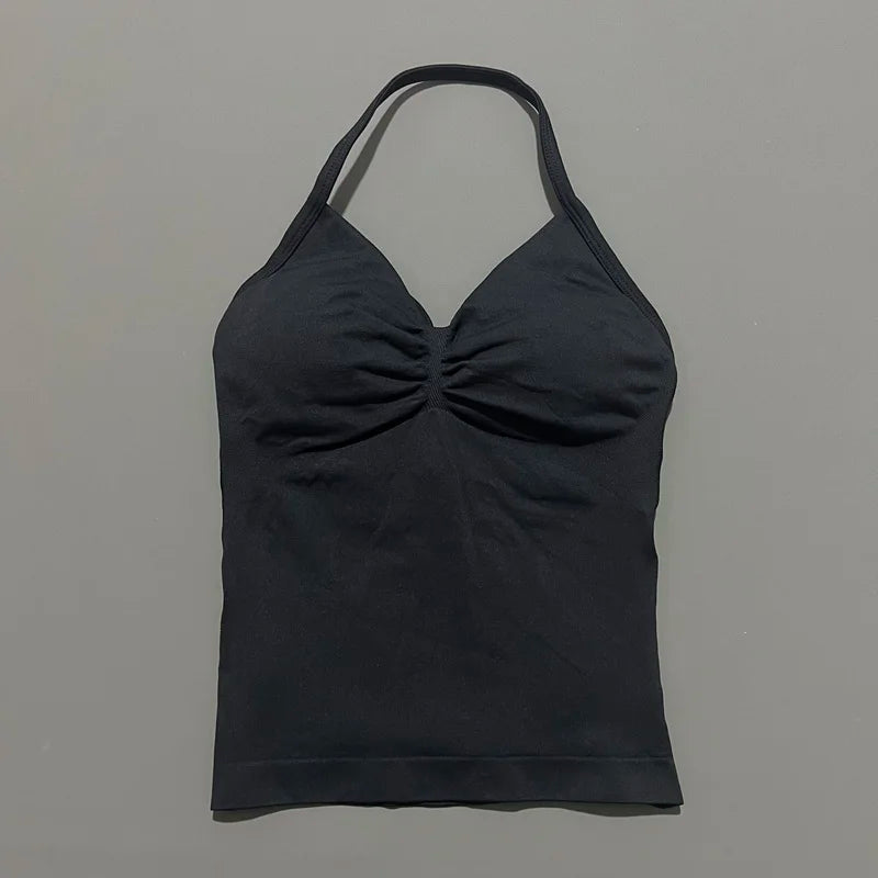 KiKis black open back yoga tank top for women with halter neck and ruched bust design