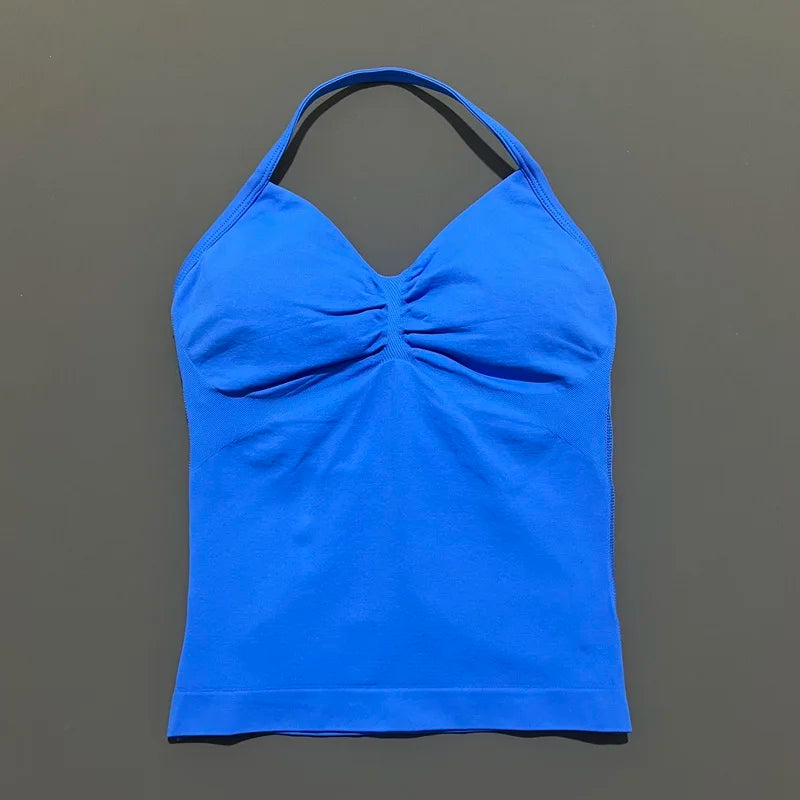 KiKis blue open back yoga tank top for women with ruched front and halter straps