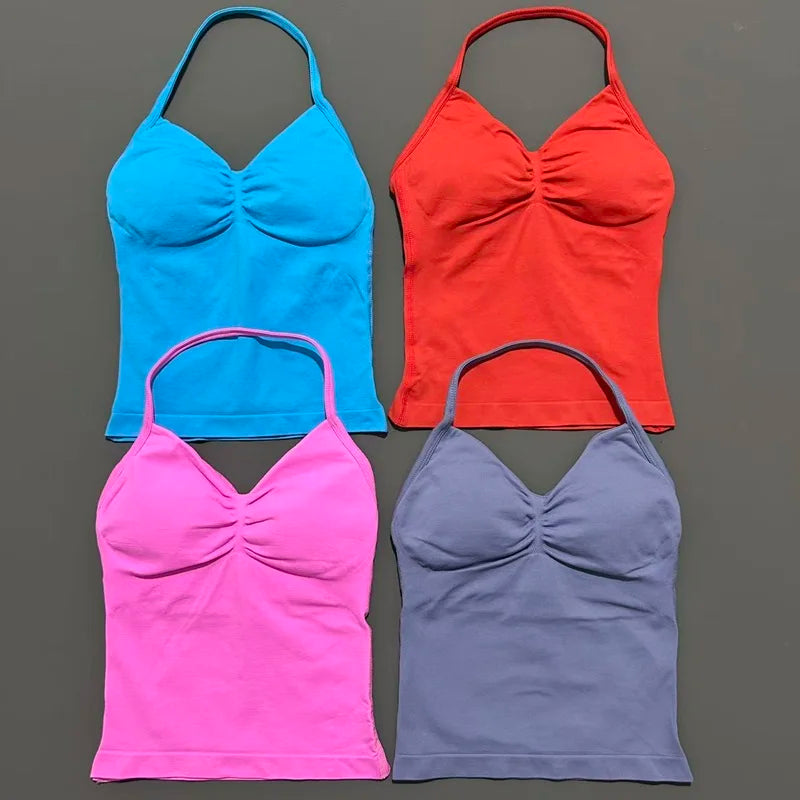 KiKis open back yoga tank top for women in blue red pink and gray colors with ruched front detail
