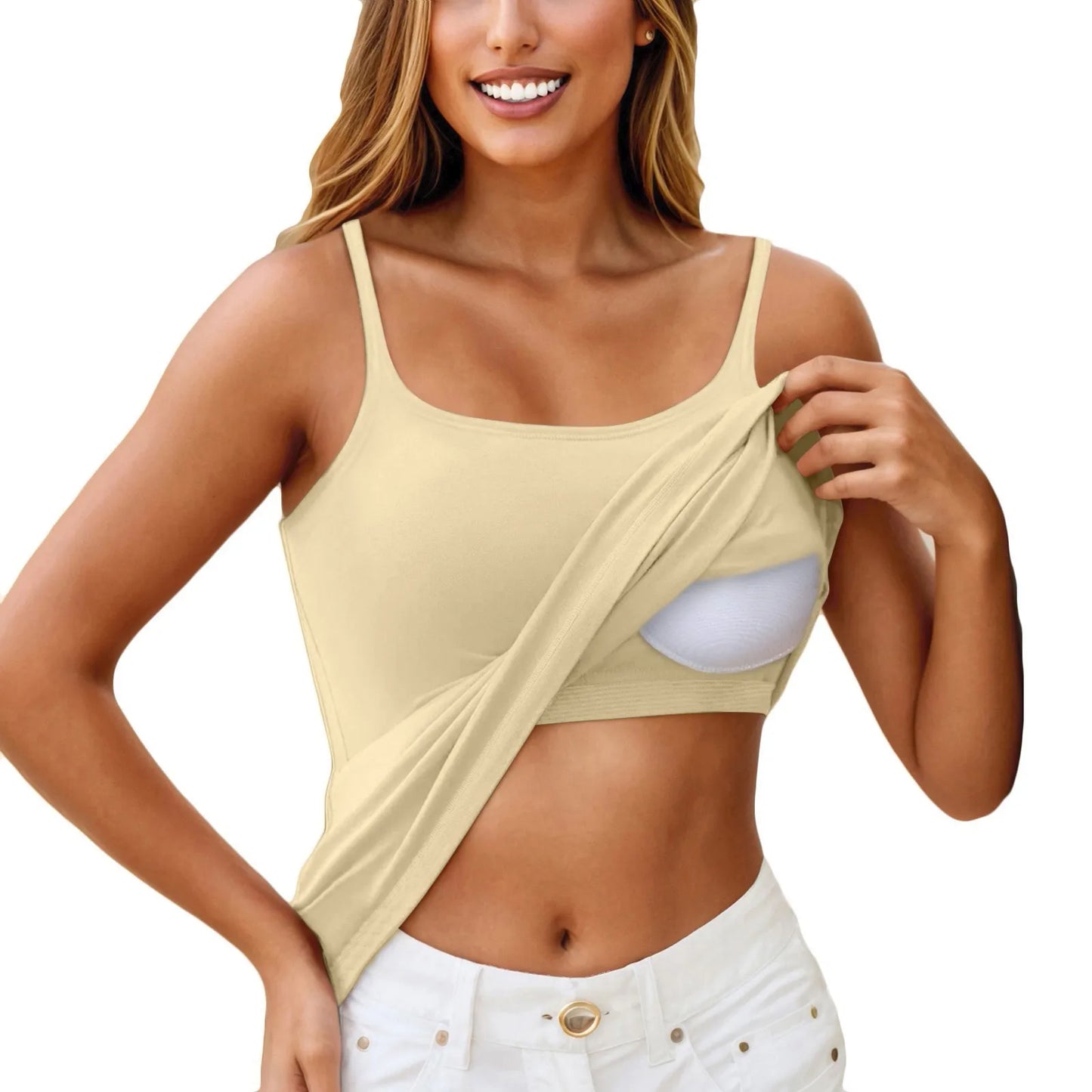 KiKis beige padded bra tank top for women with removable inner bra and adjustable straps