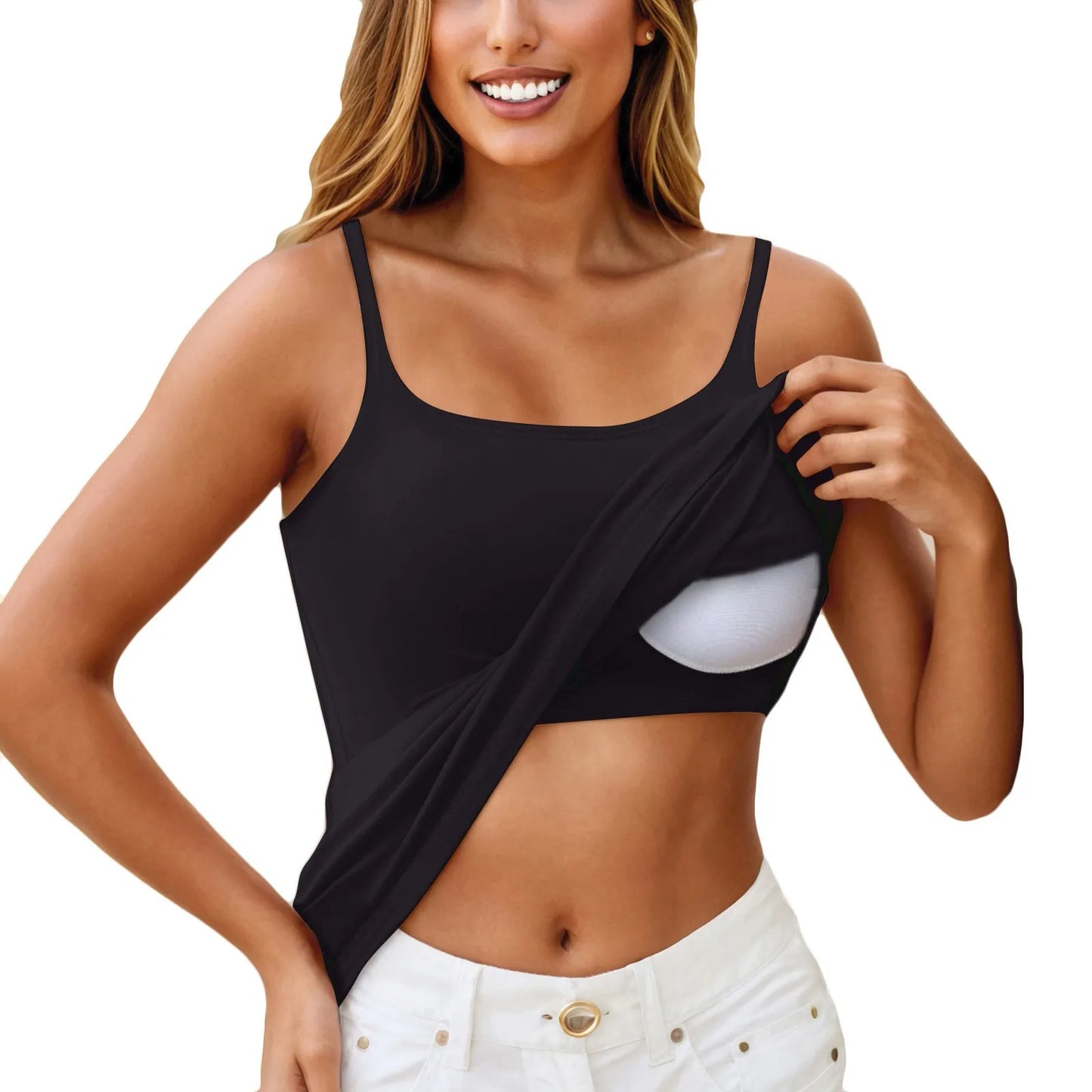 KiKis black padded bra tank top for women with adjustable straps and built-in bra support
