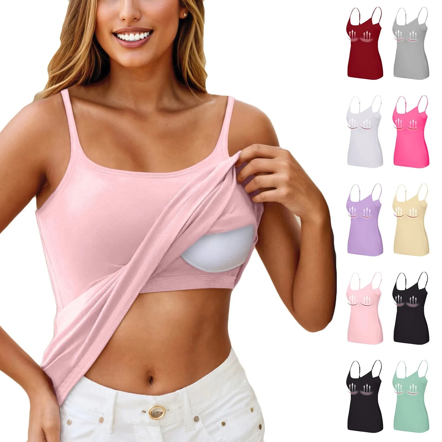 KiKis padded bra tank top for women in multiple colors including pink, black, white, and purple