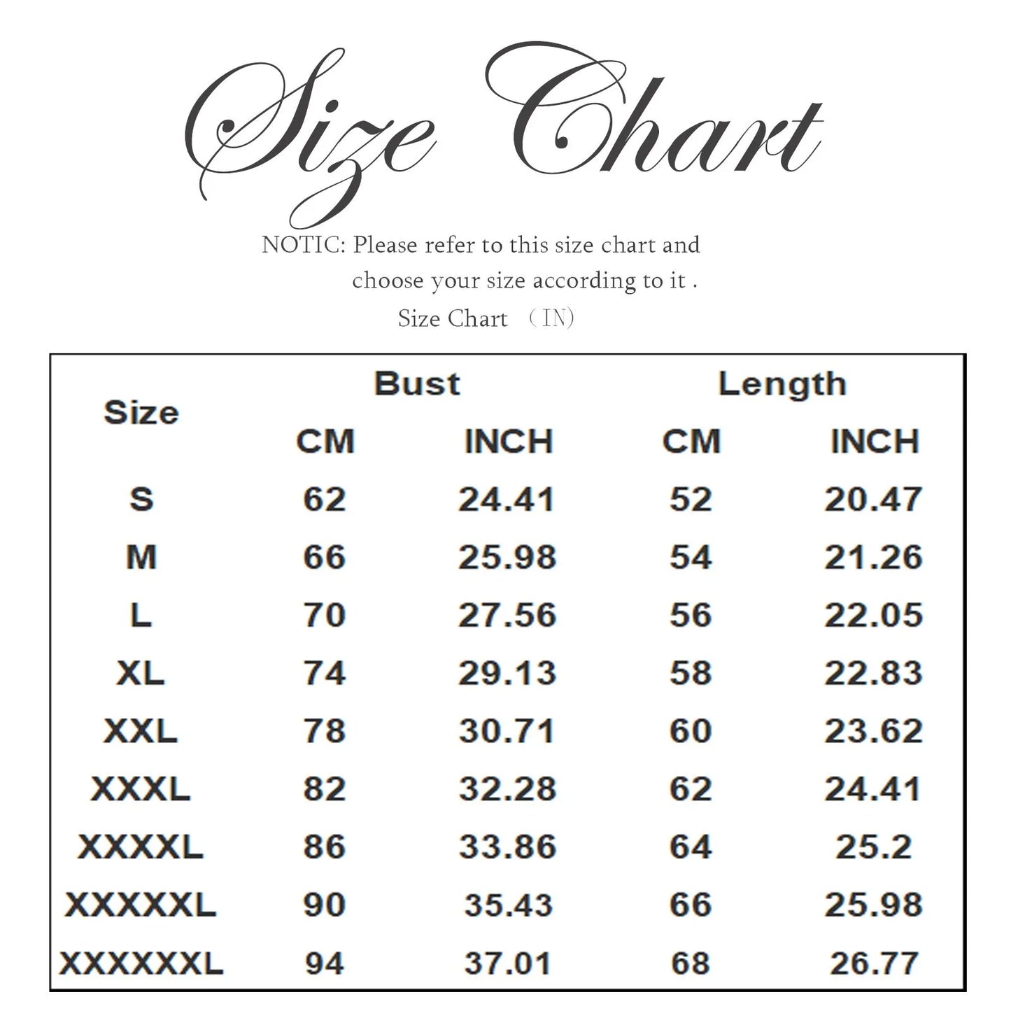 KiKis padded bra tank top for women size chart showing bust and length measurements in centimeters and inches