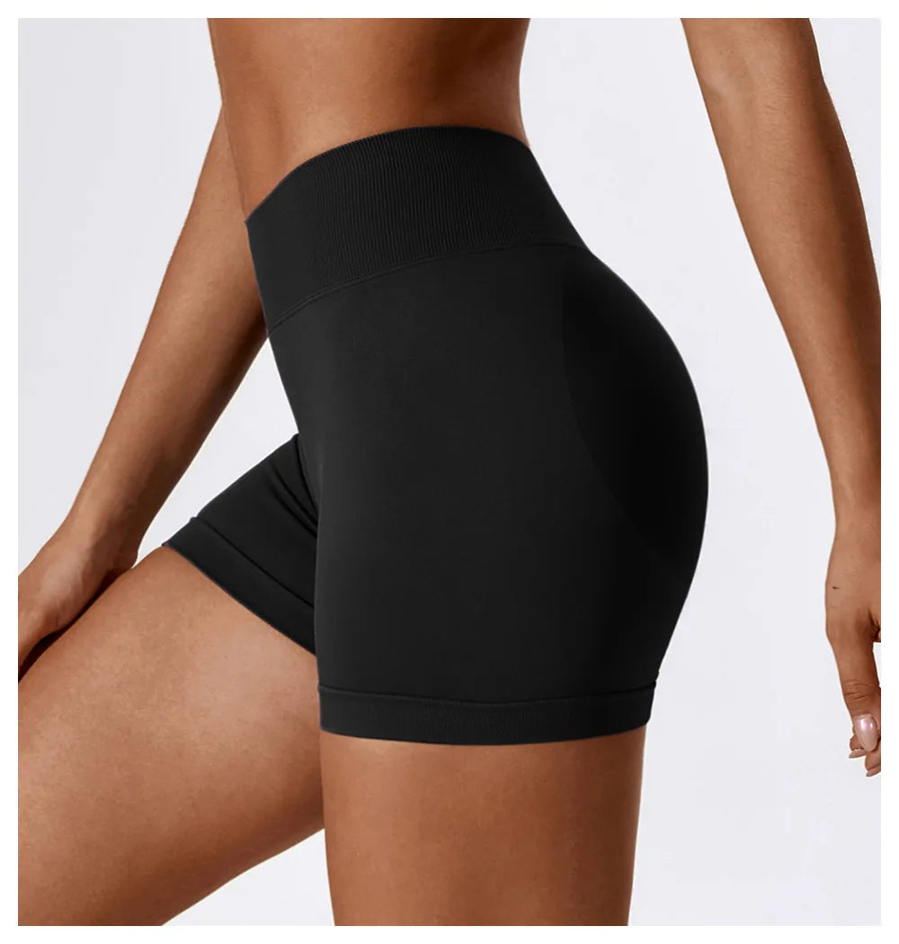 KiKis black seamless scrunch butt gym shorts with high waistband for workout comfort