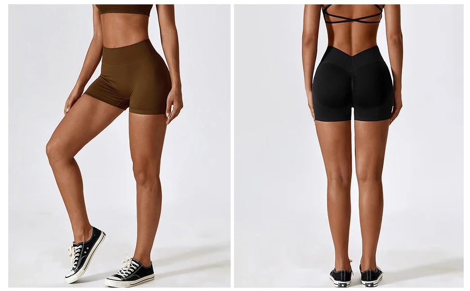 KiKis seamless scrunch butt gym shorts in brown and black shown from front and back on models