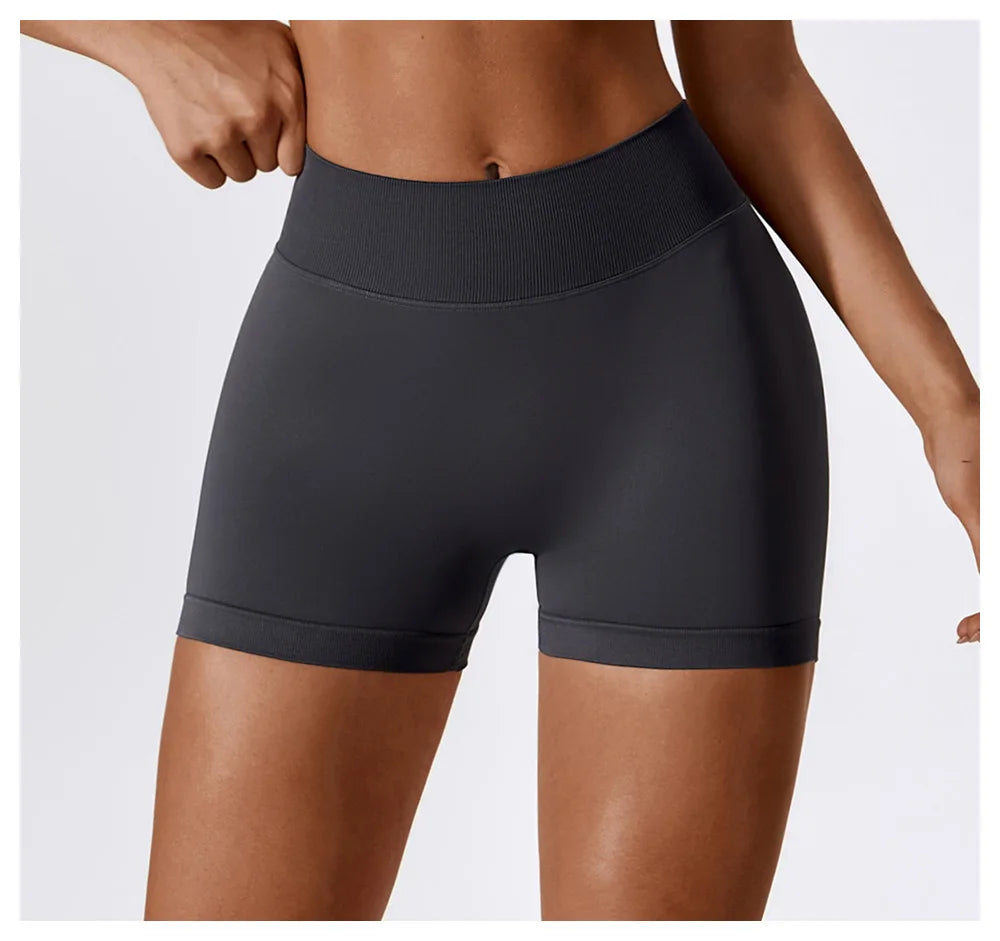 KiKis seamless scrunch butt gym shorts in black with high waistband for a flattering fit