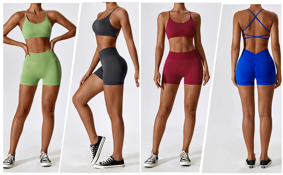 KiKis seamless scrunch butt gym shorts in green black red and blue modeled with matching sports bras