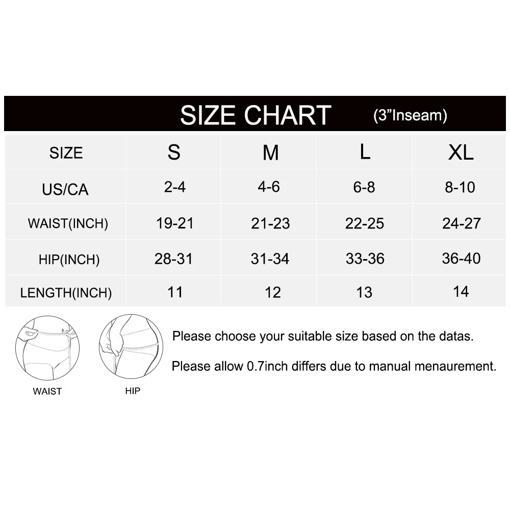 KiKis size chart for seamless scrunch butt gym shorts with waist hip and length measurements for S to XL