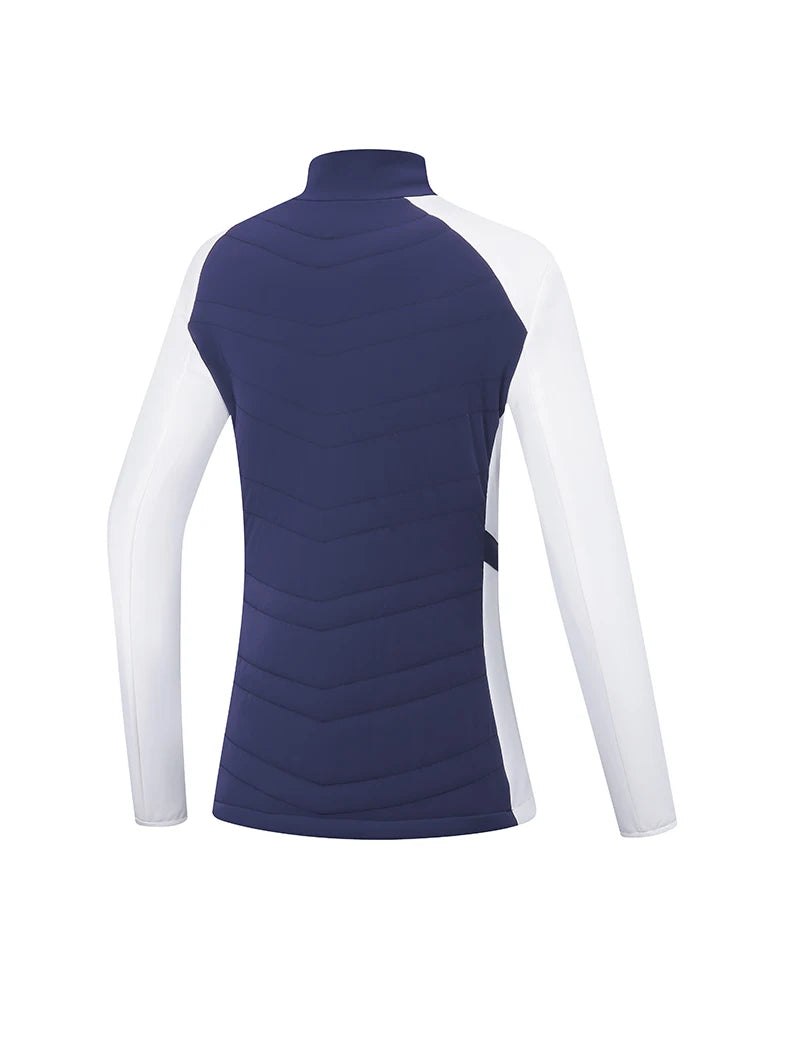 KiKis women's golf jacket for autumn winter in navy and white with long sleeves and quilted back