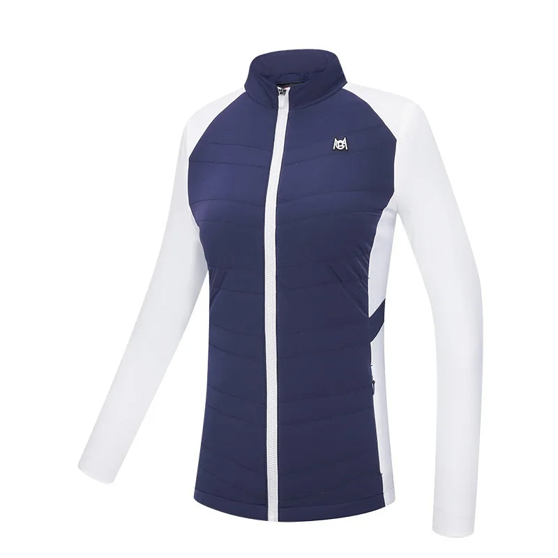 KiKis women's golf jacket for autumn winter in navy and white with full zip and long sleeves