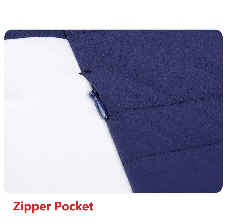 Close-up of a zipper pocket on a women's golf jacket for autumn winter by KiKis in navy blue fabric