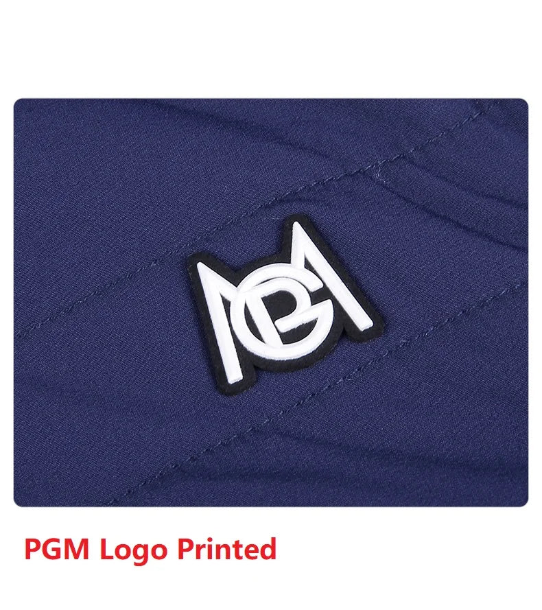 Close-up of PGM logo printed on navy blue women's golf jacket for autumn winter