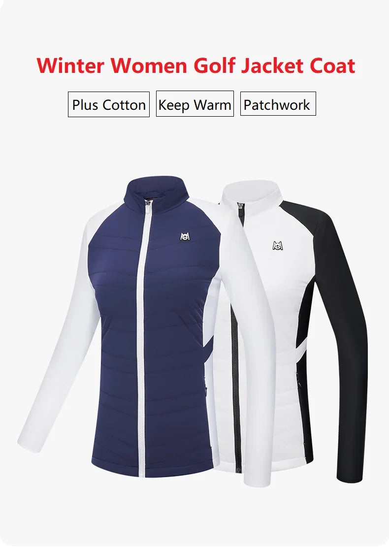 KiKis women's golf jacket for autumn winter in navy and white with patchwork and cotton padding