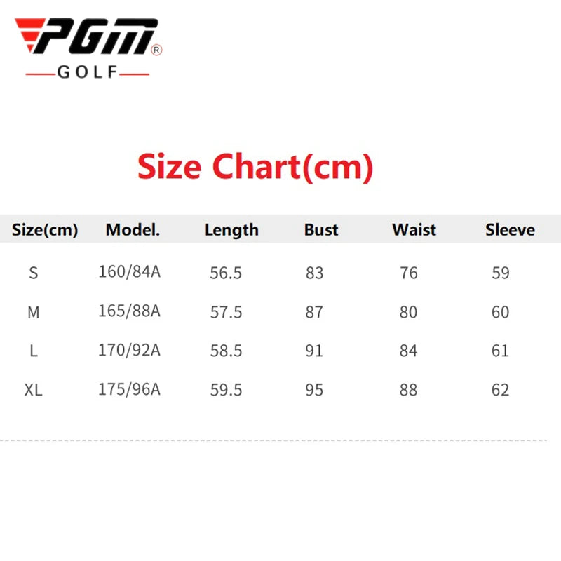 Size chart for women's golf jacket for autumn winter showing measurements for small to XL sizes