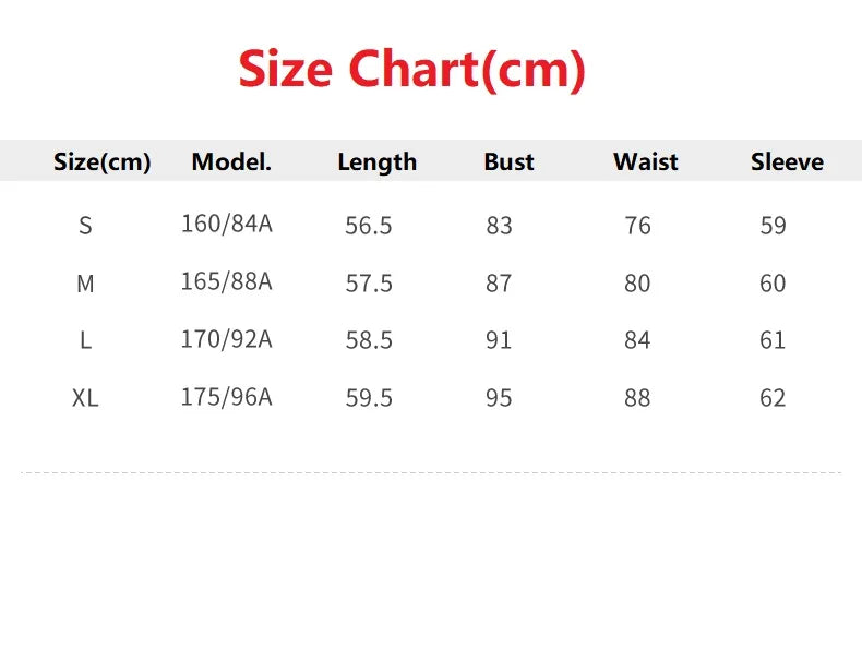 Size chart in centimeters for women's golf jacket for autumn winter showing small to extra-large sizes