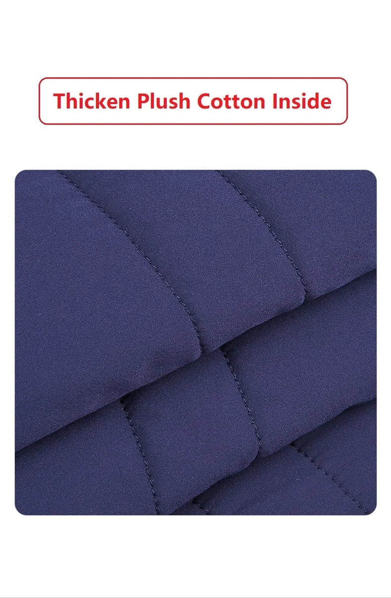 Close-up of thickened plush cotton inside women's golf jacket for autumn winter in navy blue