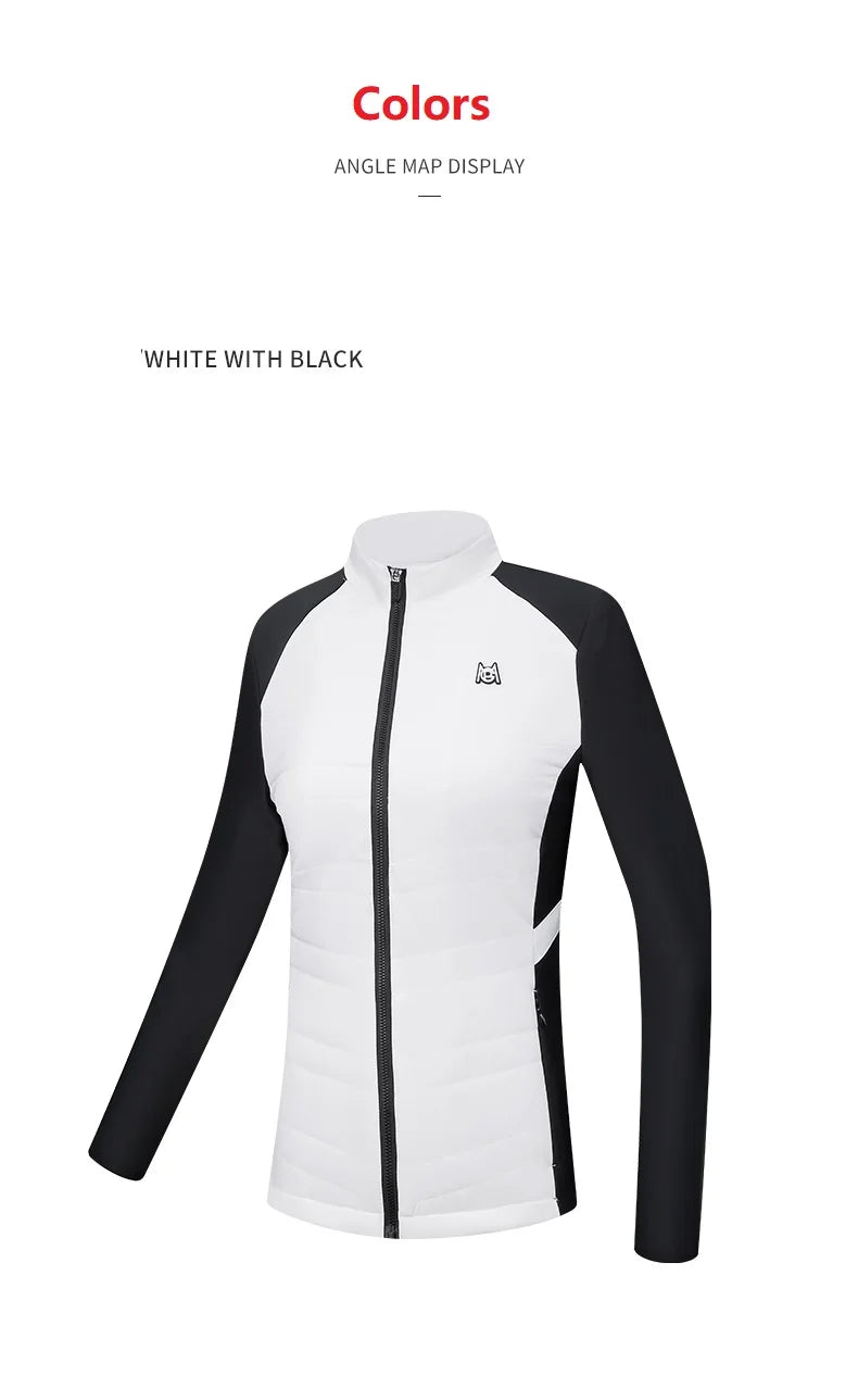 KiKis women's golf jacket for autumn winter in white with black long sleeves and front zipper