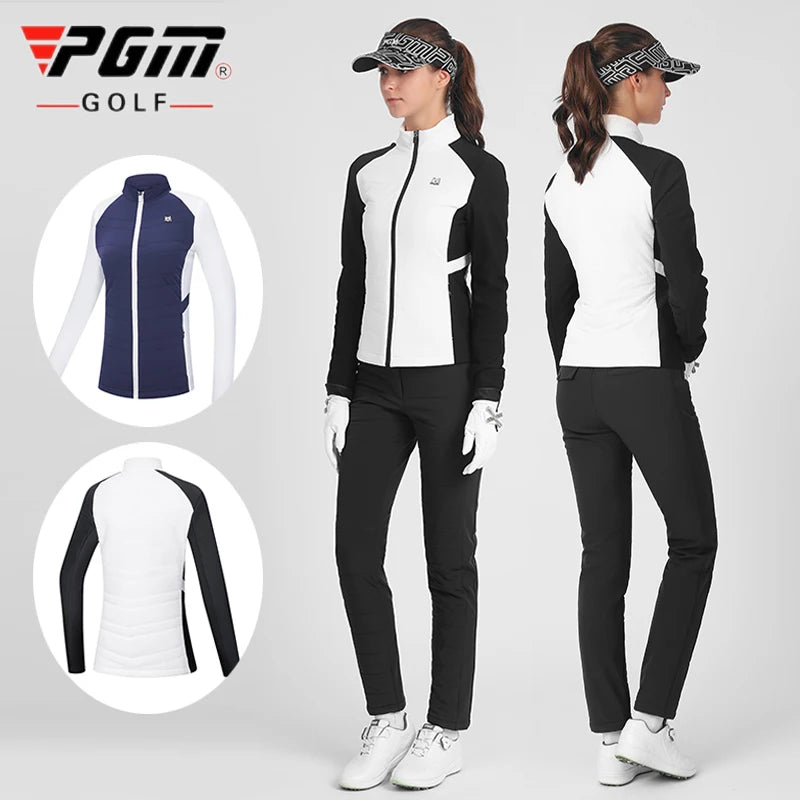PGM women's golf jacket for autumn winter in black and white shown front and back views with blue and white option