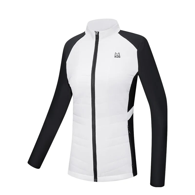 KiKis women's golf jacket for autumn winter in white and black with full zip and long sleeves