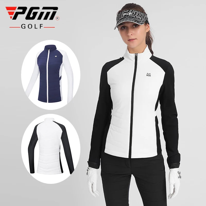 Women wearing KiKis women's golf jacket for autumn winter in white and black with zip front