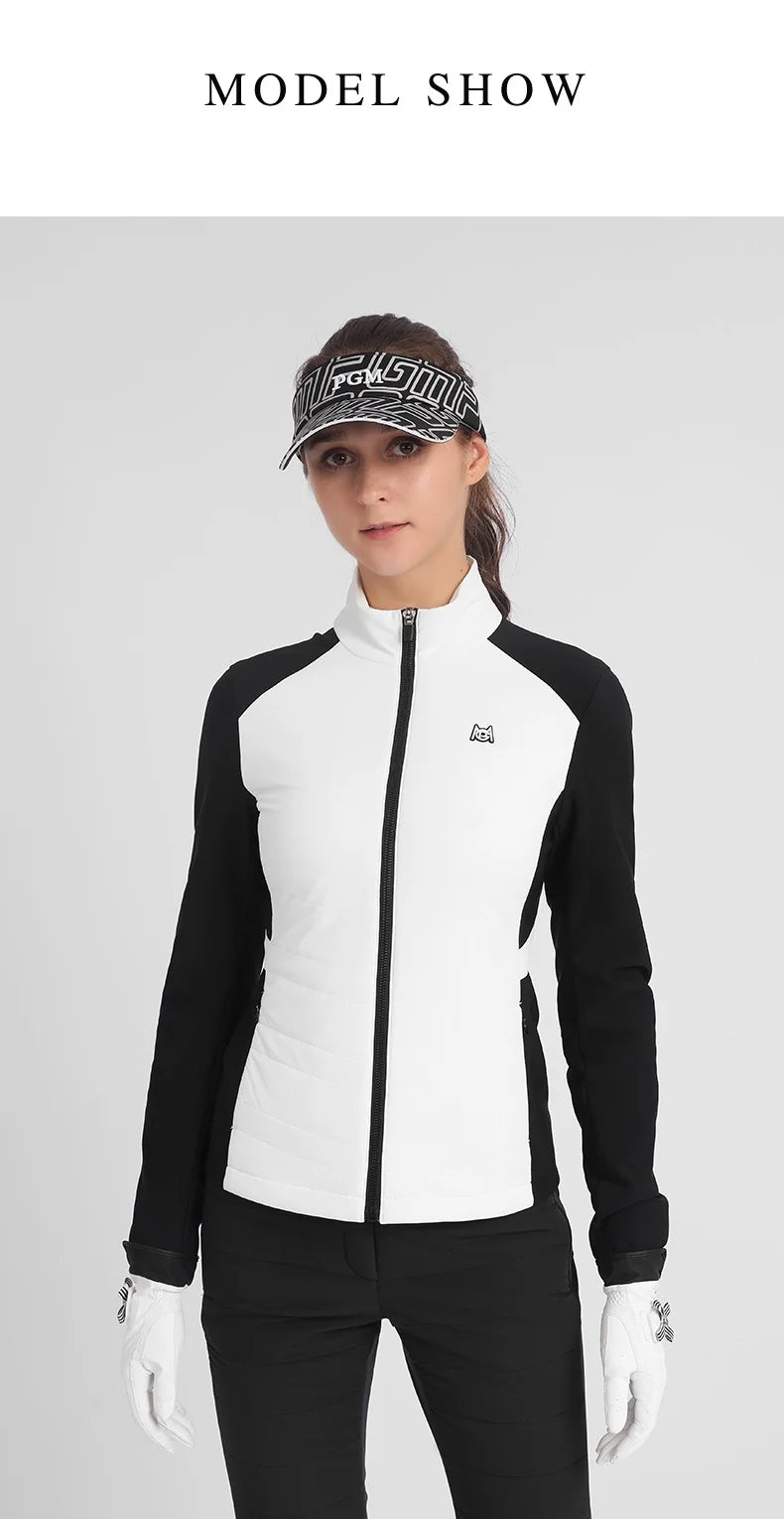 KiKis women's golf jacket for autumn winter in white and black with full zipper and high collar