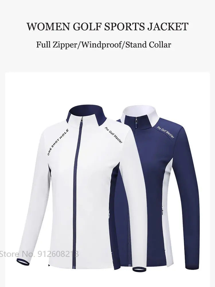 KiKis women's golf windbreaker jacket in white and navy with full zipper and stand collar