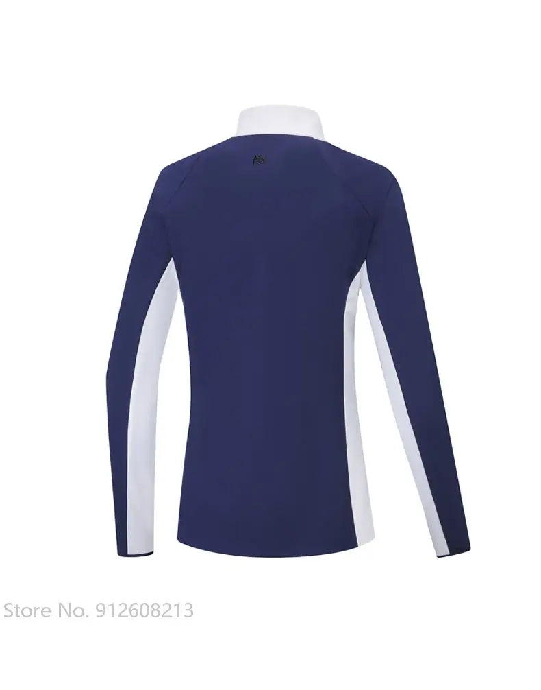 KiKis women's golf windbreaker jacket in navy blue and white with long sleeves and high collar