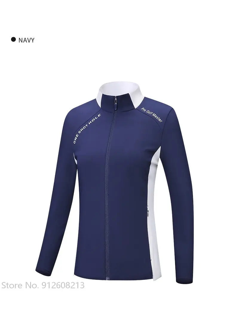 KiKis navy women's golf windbreaker jacket with white side panels and full front zipper