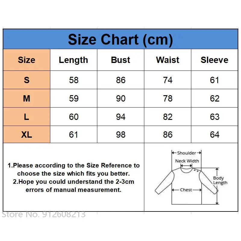 Size chart for women's golf windbreaker jacket showing length bust waist and sleeve measurements in centimeters
