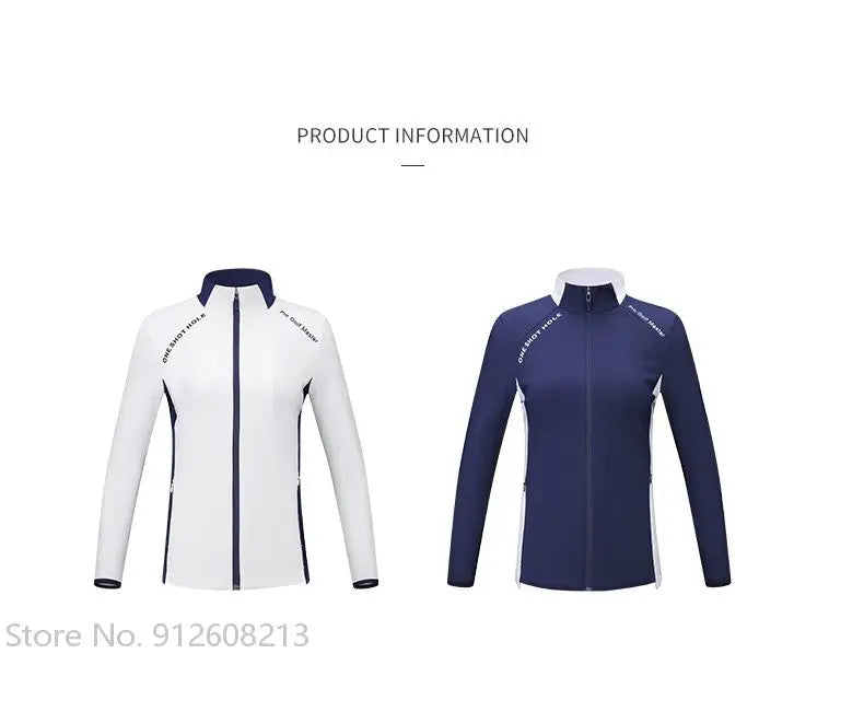 KiKis women's golf windbreaker jacket available in white and navy with full zip and stand collar