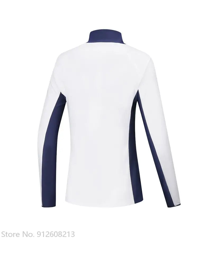 KiKis women's golf windbreaker jacket in white with navy side panels and long sleeves