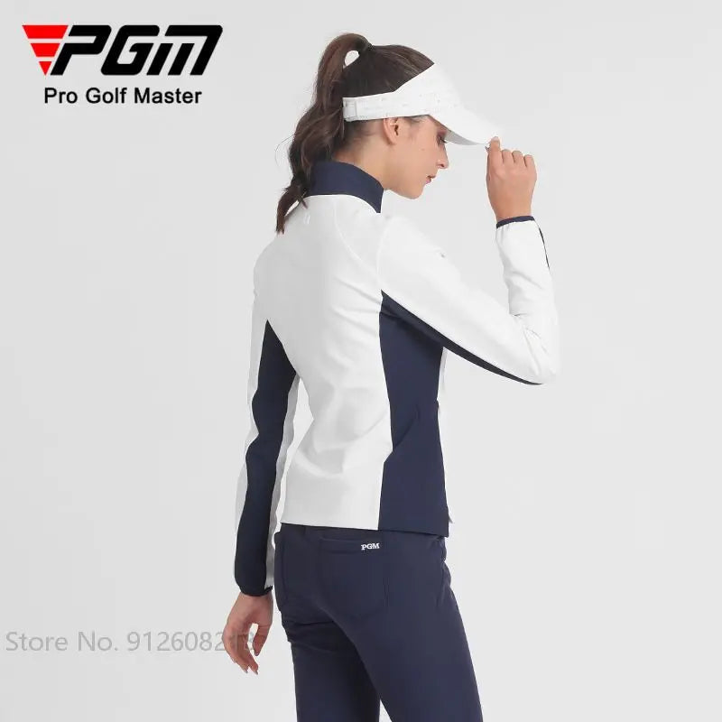 KiKis women's golf windbreaker jacket in white and navy blue with zipper and high collar