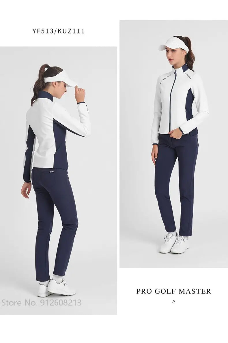 KiKis women's golf windbreaker jacket in white and navy blue, shown front and back on model