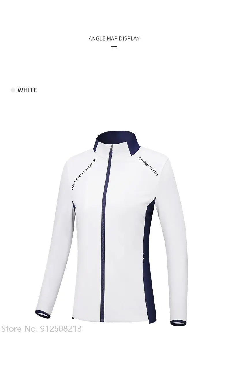 KiKis women's golf windbreaker jacket in white with navy accents and full front zipper