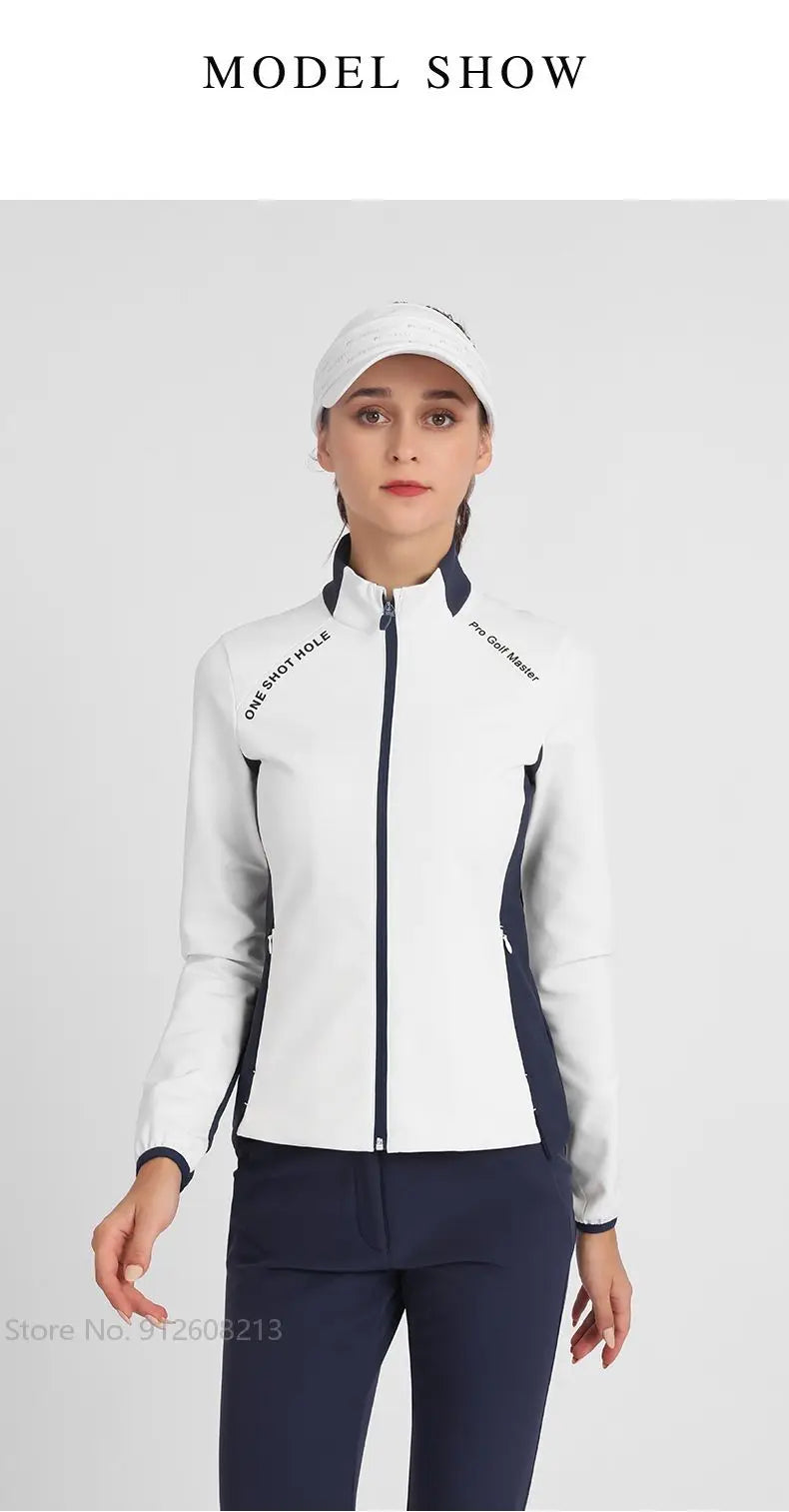 KiKis women's golf windbreaker jacket in white with navy side panels and full front zipper
