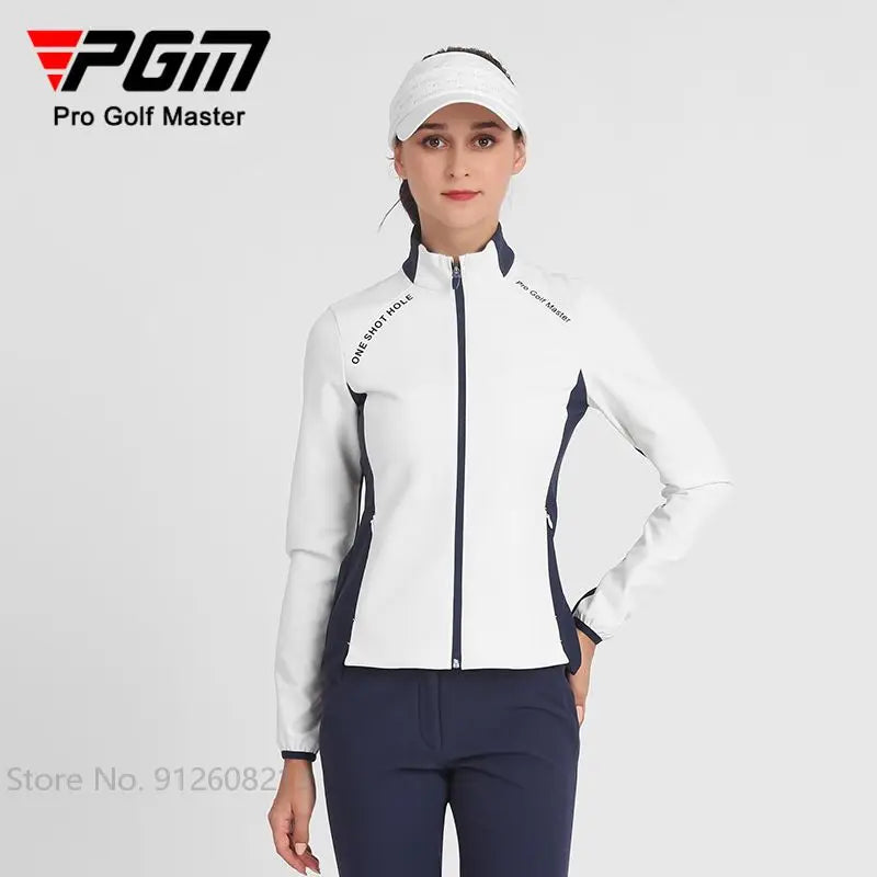 KiKis women's golf windbreaker jacket in white with navy accents and full zip front