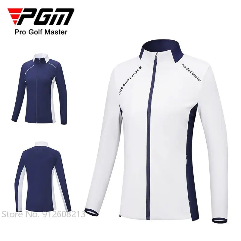 PGM women's golf windbreaker jacket in white and navy with full zip and long sleeves
