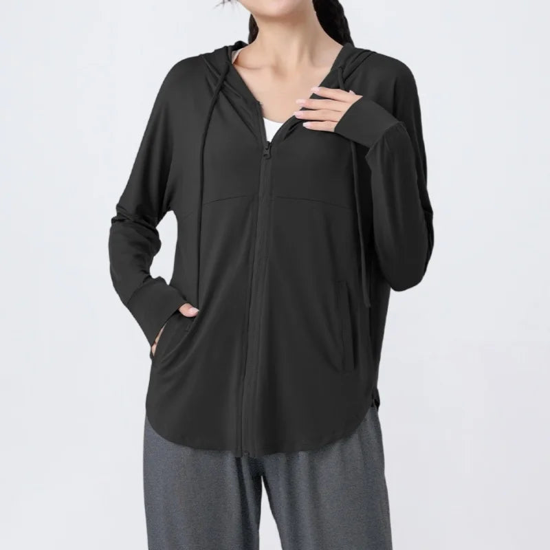 KiKis black zip-up hoodie with long sleeves and thumb holes for casual wear