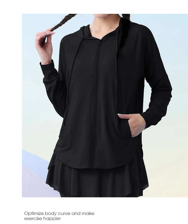 KiKis black zip-up hooded jacket for women with long sleeves and front pockets