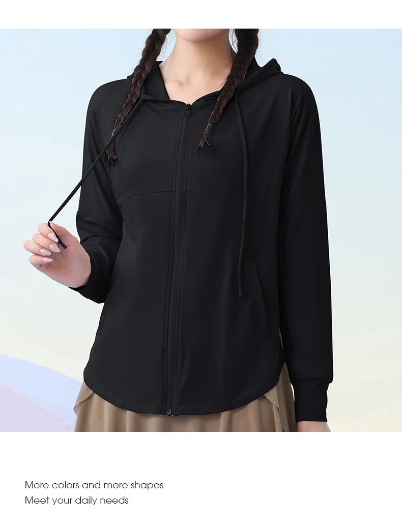 KiKis black zip-up hooded jacket for women with long sleeves and drawstring hood