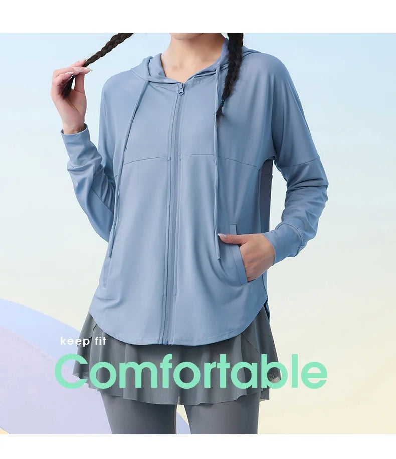 KiKis comfortable light blue zip-up hoodie with front pockets and hood for active wear