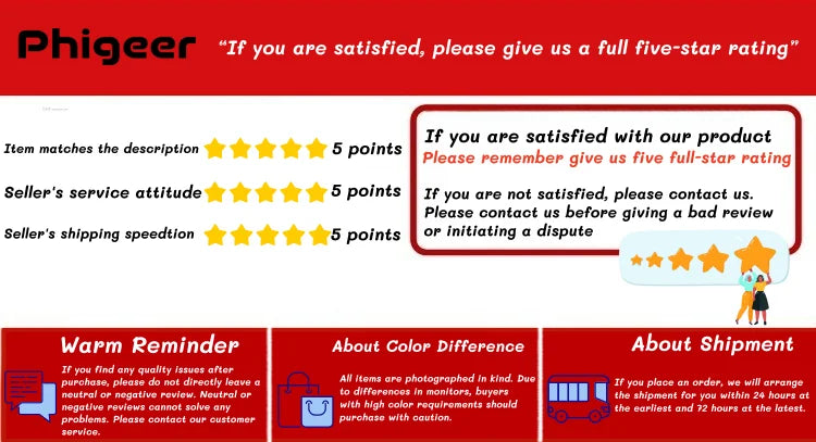 Phigeer customer satisfaction and review policy with star ratings for item description seller attitude and shipping speed
