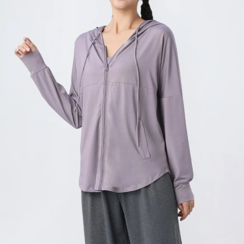 KiKis lightweight lavender zip-up hoodie with long sleeves and front pockets for casual wear