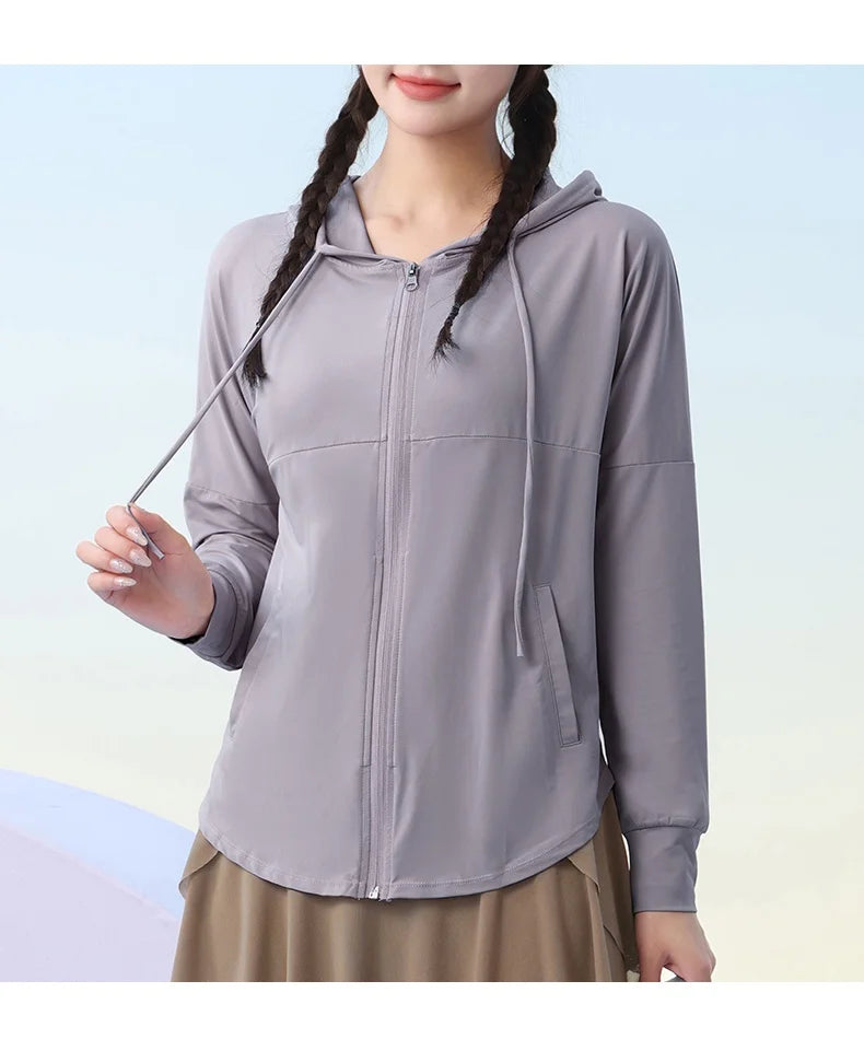 KiKis light gray zip-up hoodie with drawstrings and long sleeves for casual wear