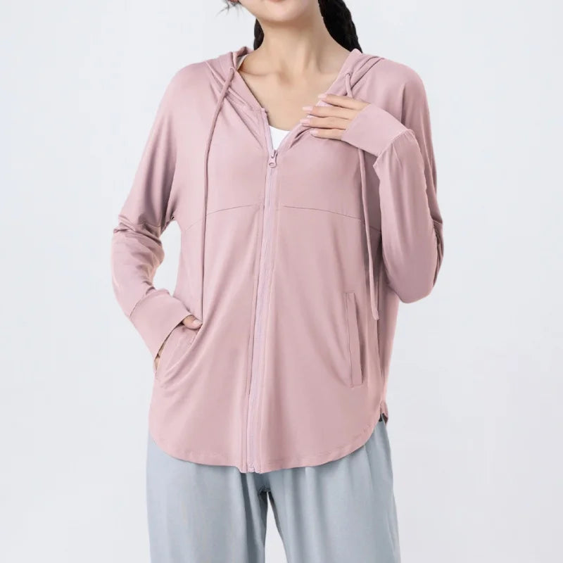 KiKis pink lightweight zip-up hoodie with pockets and long sleeves for casual wear