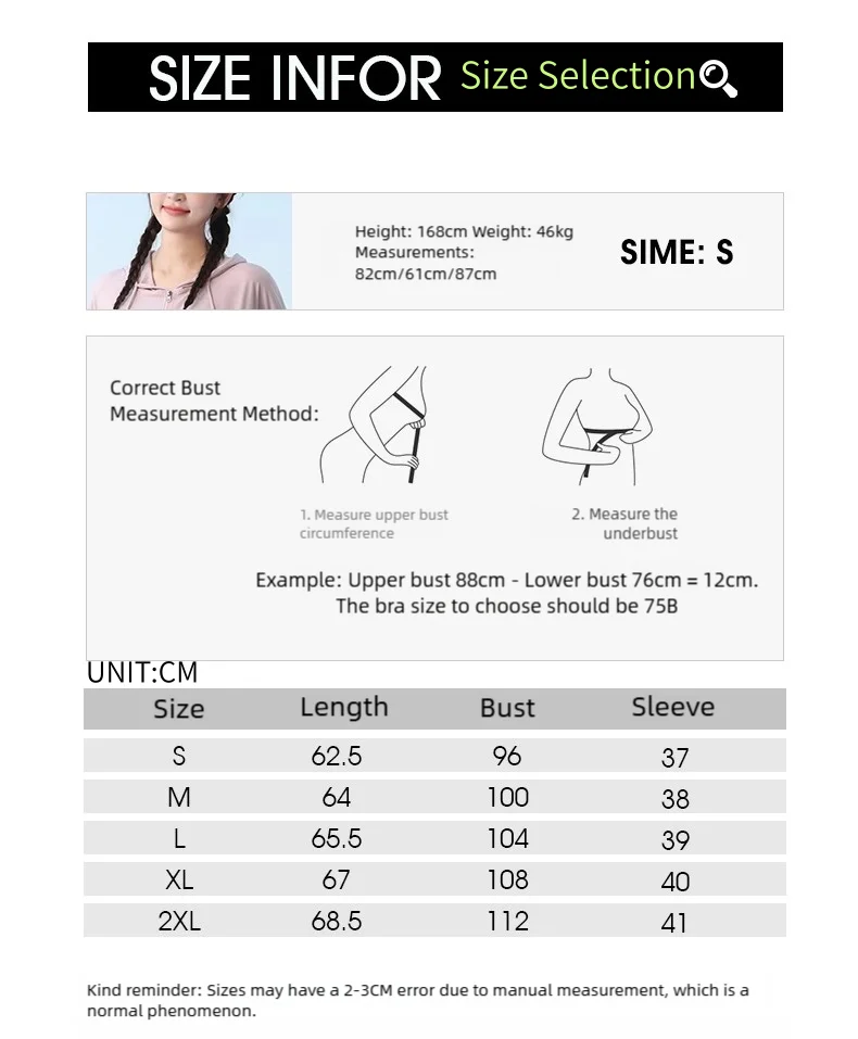 KiKis size chart showing bust, length, and sleeve measurements for sizes S to 2XL with bust measurement guide