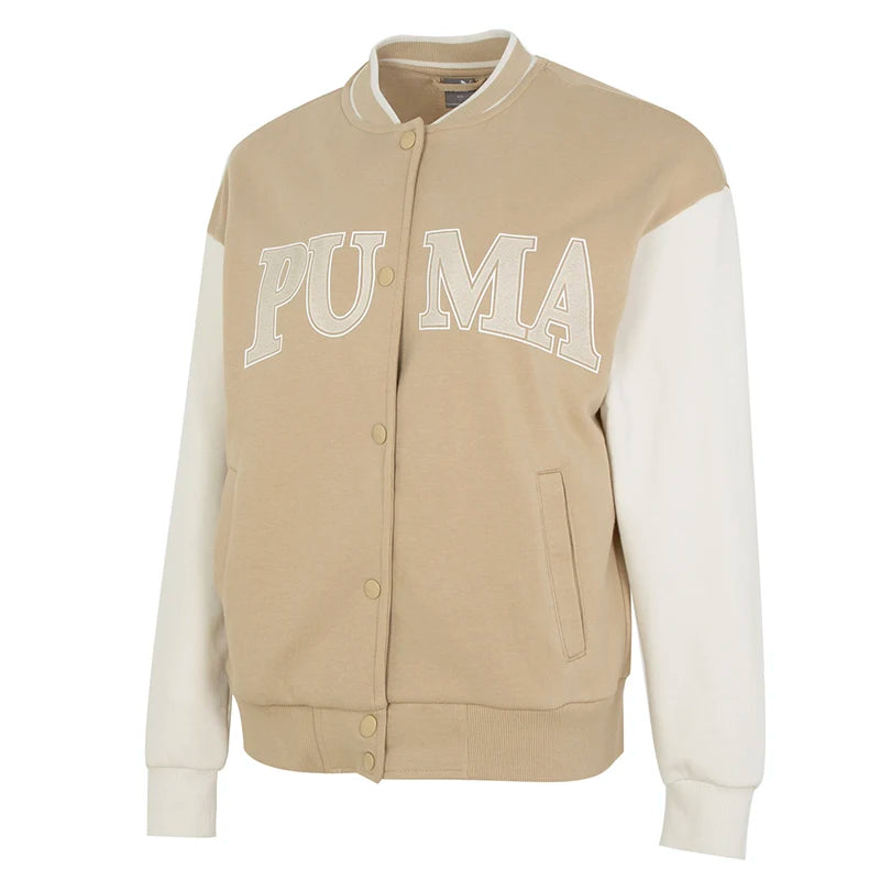 KiKis women's Puma track jacket in beige and white with button-up front and large PUMA logo
