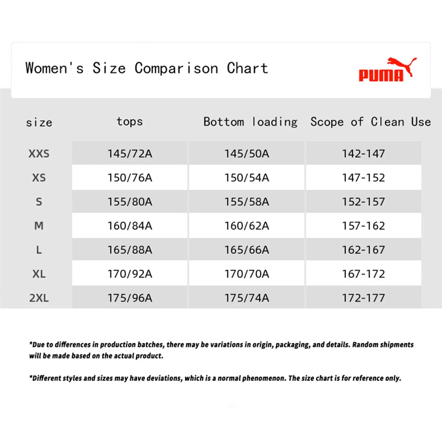 Women's Puma track jacket size comparison chart showing sizes XXS to 2XL with measurements for tops and bottoms