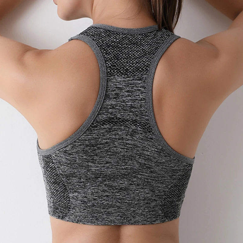Back view of a grey knitted push up sports bra for women by KiKis with racerback design